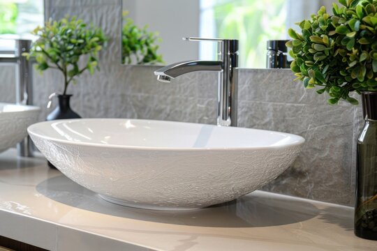 Stylish vessel sink on light countertop in modern bathroom - Powered by Adobe