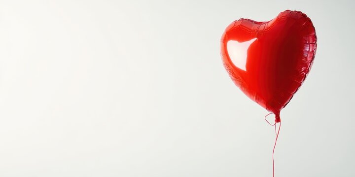 The Heart-Shaped Red Balloon Floating with String Against White Studio Background - Powered by Adobe