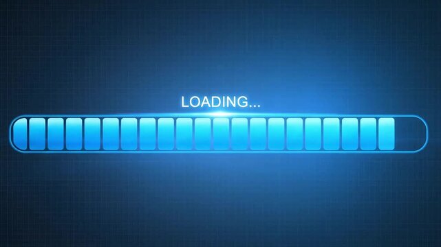 Dynamic blue digital progress bar filling up with glowing segments indicating data transfer or system startup sequence
