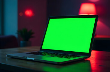 Laptop with a bright green screen sits on a wooden desk.
