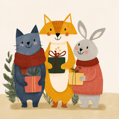 Three whimsical animals&mdash;a fox, a cat, and a rabbit&mdash;are depicted holding gifts