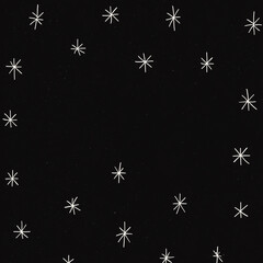 White hand-drawn stars with eight points are scattered across a black background, creating a minimalist pattern. Copy space