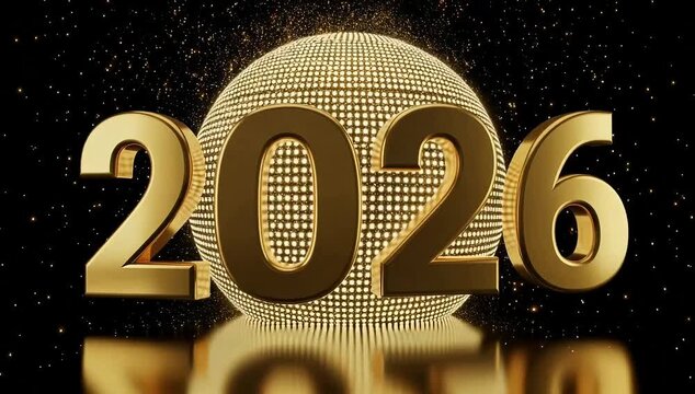 Dynamic golden 3D numbers 2026 explode into view over a glittering disco ball with sparkling confetti motion