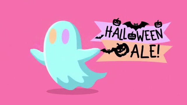 A playful animated video clip featuring a cute, light blue ghost floating beside purple and orange banners reading "Halloween SALE!" decorated with bats and pumpkins, set against a vibrant pink backgr