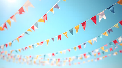 Vibrant Colorful Bunting Flags Waving under a Clear Blue Summer Sky in Bright Sunlight