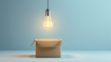 Glowing incandescent lightbulb levitating above an open cardboard box symbolizing creativity and ideas
