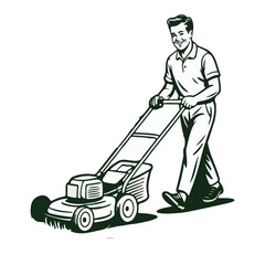 Smiling Man Mowing Green Grass with a Lawn Mower Illustration