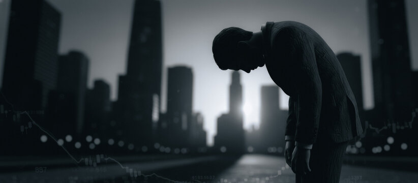 A lone figure, cloaked in the shadows of the cityscape, stands in silent contemplation, the silhouette capturing the weight of the moment against the stark backdrop of urban life.