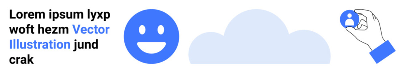 User interface, digital identity, cloud storage, data management, personal information, online access. Blue happy face, cloud hand holding a user icon. User interface and digital identity concept