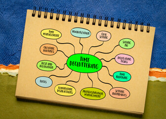 time decluttering, productivity and lifestyle concept, mind map sketch