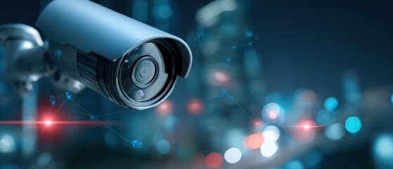 The security camera monitoring a smart city nightscape with digital network light effects