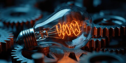 The Light Bulb Resting on Rusted Gears, Glowing Filament Symbolizing Industrial Innovation