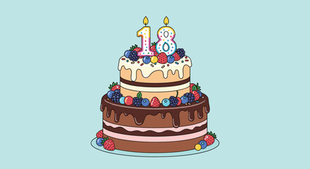 Colorful two-tier birthday cake decorated with fresh berries chocolate drip and lit candles forming the number eighteen.