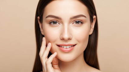 Stunning studio portrait of a young woman with radiant, flawless skin gently touching her cheek. Perfect for high-end skincare and beauty campaigns.
