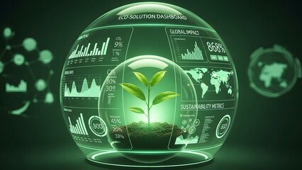 Futuristic eco-solution dashboard with plant and global impact data technology