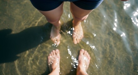 Two pairs of feet standing in shallow, clear water with sunlight reflecting on the surface.