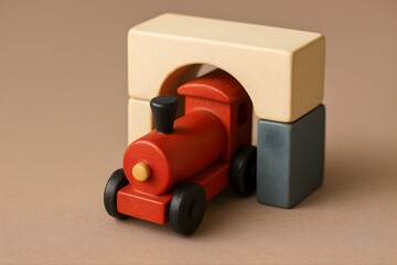 Fototapeta premium Classic red wooden toy train passing through an archway of building blocks, promoting play and childhood development