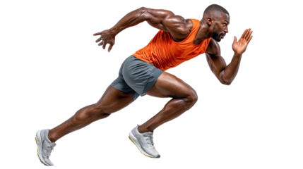 Dynamic Dash: A powerful athlete surges forward with unwavering determination, his muscles sculpted in peak condition, embodying the spirit of speed and competition. 