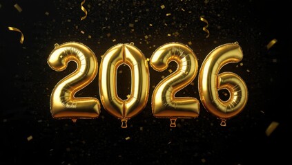 Golden foil balloon numbers forming the year 2026 floating against a dramatic black background with falling golden confetti and swirling ribbons. Luxurious New Year celebration greeting card concept.