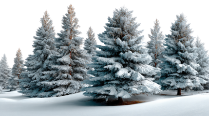 Winter Forest Wonderland: Majestic evergreen trees stand cloaked in pristine, untouched snow, their branches heavy with the serene beauty of a winter wonderland.