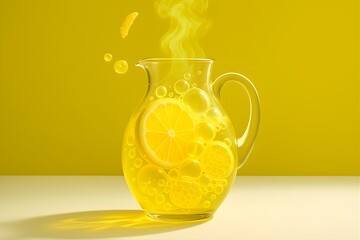 Refreshing citrus lemonade in a clear glass pitcher with lemon slices and bubbles