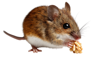 Mouse with snack: a curious and endearing mouse, its tiny paws expertly grasp a cluster of nutritious seeds, highlighting its charming features and highlighting the simple joys of life.