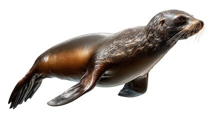 Naklejka premium Sleek Sea Lion in Motion: A captivating shot of a sea lion, captured in mid-movement. Its sleek, wet fur glistens, accentuating its powerful physique as it navigates the aquatic world.