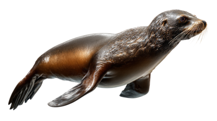 Sleek Sea Lion in Motion: A captivating shot of a sea lion, captured in mid-movement. Its sleek, wet fur glistens, accentuating its powerful physique as it navigates the aquatic world.