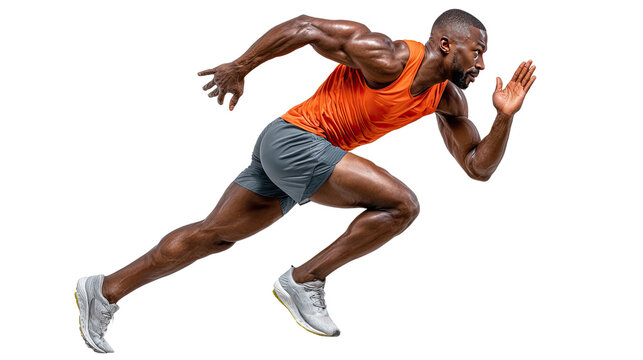 Dynamic Dash: A powerful athlete surges forward with unwavering determination, his muscles sculpted in peak condition, embodying the spirit of speed and competition. 
