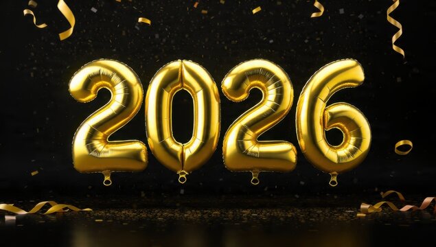 Golden 2026 Balloons on Black Background. Luxurious New Year's Eve Celebration Banner with Falling Gold Confetti and Ribbons. Happy New Year 2026. - Powered by Adobe