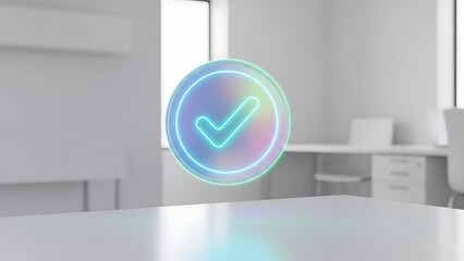 Holographic neon checkmark icon floating in a modern white office environment