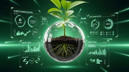 Green energy concept with plant in glass sphere and data charts growth earth