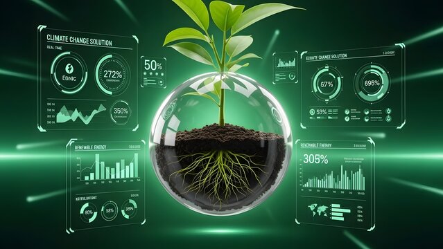 Green energy concept with plant in glass sphere and data charts growth earth - Powered by Adobe