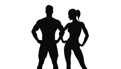 Obraz premium Silhouettes of a muscular man and a fit woman stand together.