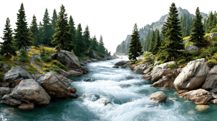 Mountain River Scene: A pristine river carves its way through a rugged mountain landscape, framed by towering evergreens and massive boulders, an awe-inspiring vista of nature's power and beauty.
