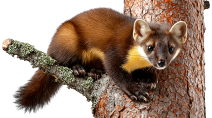 Curious Marten in Tree: A beautiful marten sits perched on a tree branch, observing, and capturing the curious and intelligent nature of this wild creature.