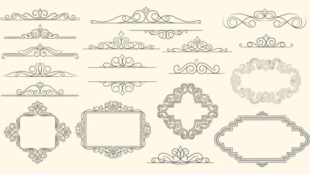 Elegant vector set of vintage ornate frames, borders, and dividers for design projects.