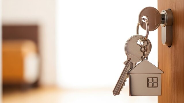 House key hanging in door lock symbolizing home ownership and new beginnings