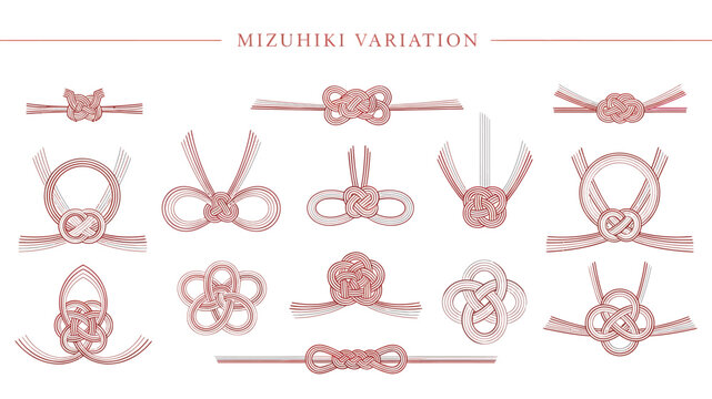 Collection of traditional Japanese mizuhiki knots in various intricate designs and patterns, showcasing the delicate art of paper cord tying.