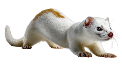 White Weasel: A captivating portrait of a white weasel, its sleek body in graceful movement, showcasing its unique and beautiful features in natural pose.