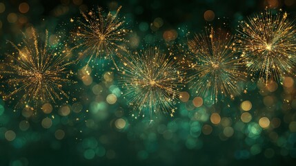 2026 New Year Party Background Banner with Abstract Gold Firework on Dark Green Texture and Bokeh Lights