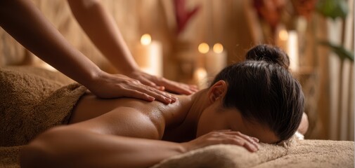 The woman receiving a relaxing spa massage in a candlelit room