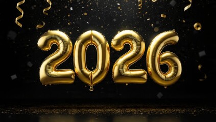 Golden Foil Balloon Numbers 2026 against a Dramatic Black Background with Falling Confetti and Streamers. Festive Luxury New Year's Eve Celebration Banner Concept.