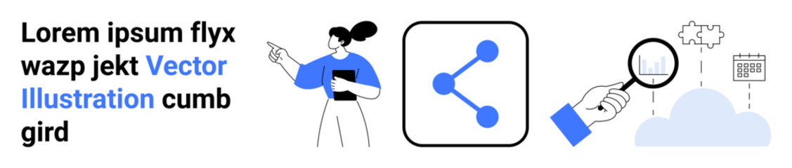 Data analysis, cloud connectivity, information sharing, research, technology solutions, teamwork. a person pointing, a sharing icon magnifying glass and cloud interface. Data analysis and cloud