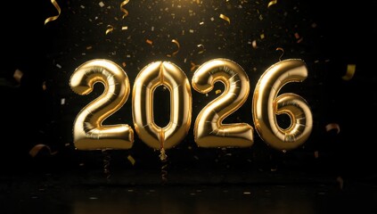 Happy New Year 2026 Celebration. Golden luxury foil balloons on a dramatic dark background, surrounded by falling confetti and sparkling lights. Festive anniversary concept.