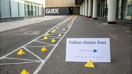 A directional sign and yellow triangular markers on the ground indicate a socially distanced queue outside a building with a guide sign, with a gray asphalt surface and white lines.