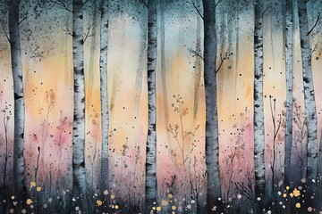 Birch tree landscape with warm pastel colors
