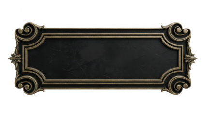 Vintage ornate black and gold decorative frame banner on transparent background