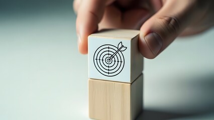 Hands carefully stacking wooden blocks with a target symbol on one side
