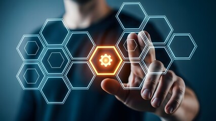 Man interacting with futuristic digital network interface and glowing hexagonal elements